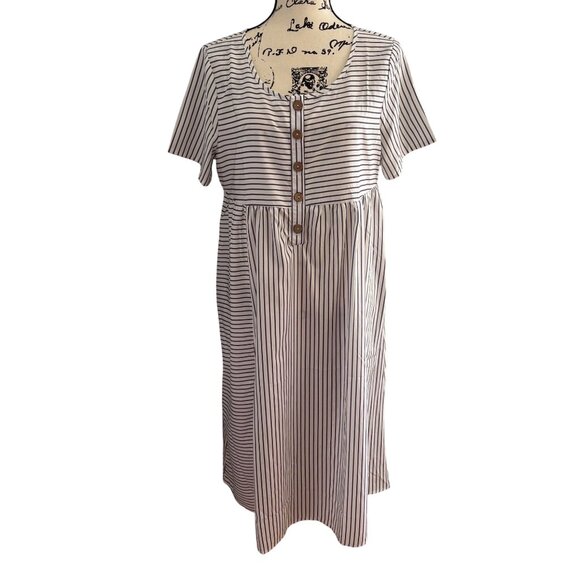 Zolucky Women's Midi Dress Sz Large White w/ Gray Pin Stripes Side Pockets Soft - Picture 1 of 12